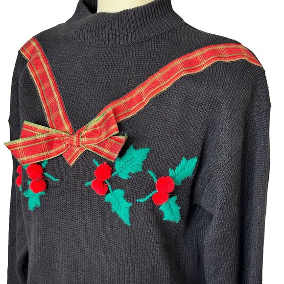 Vintage French Navy Petite Holly Embroidered Sweater Black 10/12 - Picture 2 of 10